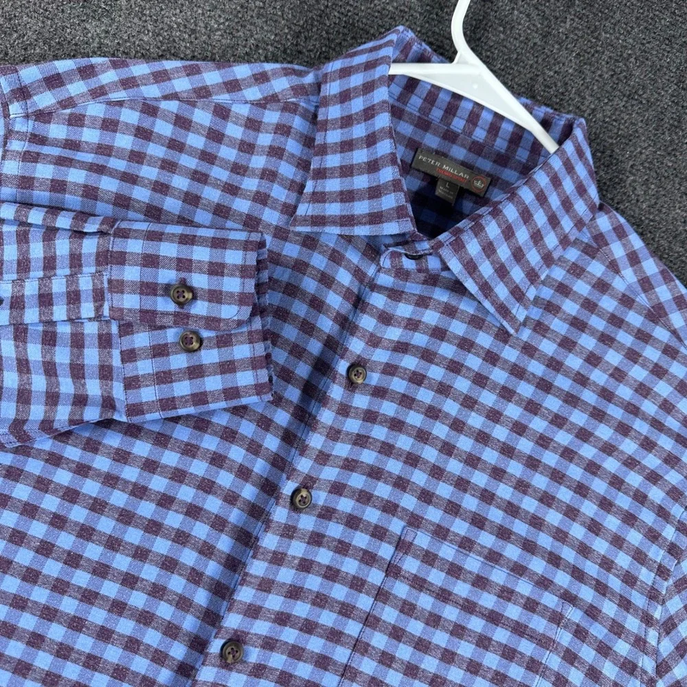 Peter Millar Button Down Mens L Large Blue Purple Gingham Crown Long Sleeve